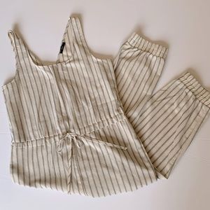 DREW L Jumpsuit Drawstring Tan Olive Green Stripe Linen - look Anthropologie